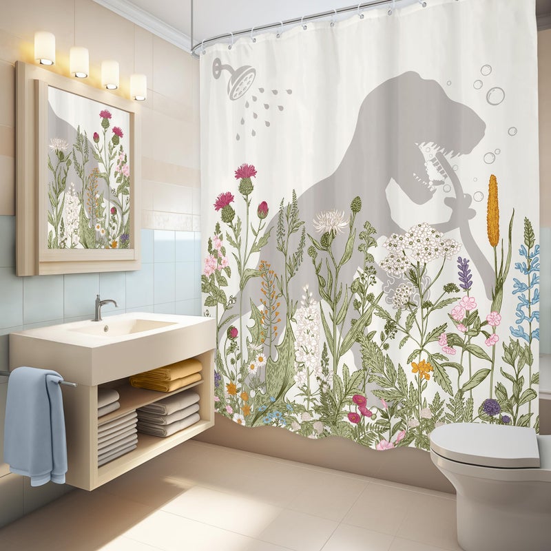 LGhtyro Dinosaur Wildflower Kids Shower Curtain Bathroom Set 60Wx71H Inches Funny Dino Silhouette Floral Rustic Plant Leaves Botanical Bath Accessories for Boys Art Home Decor Fabric 12 Pack Hooks - Image 4