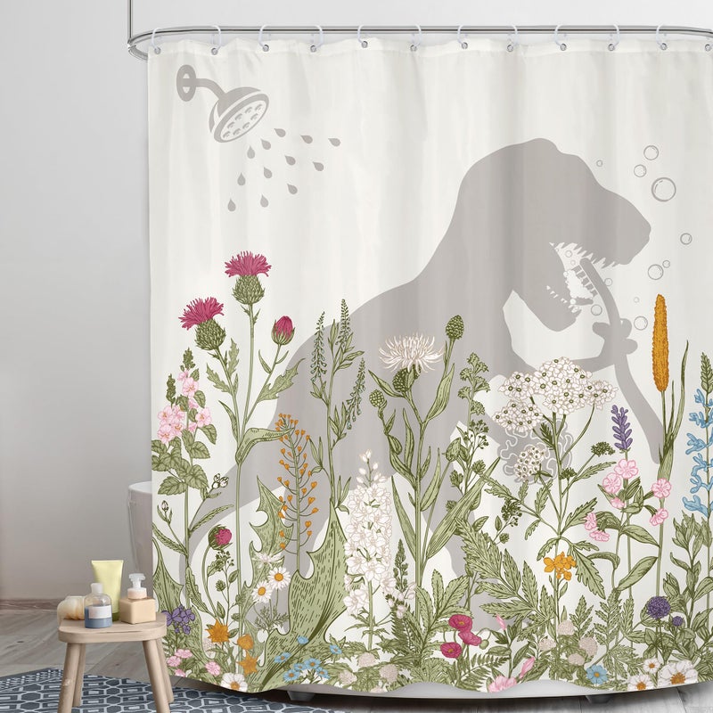 LGhtyro Dinosaur Wildflower Kids Shower Curtain Bathroom Set 60Wx71H Inches Funny Dino Silhouette Floral Rustic Plant Leaves Botanical Bath Accessories for Boys Art Home Decor Fabric 12 Pack Hooks - Image 3