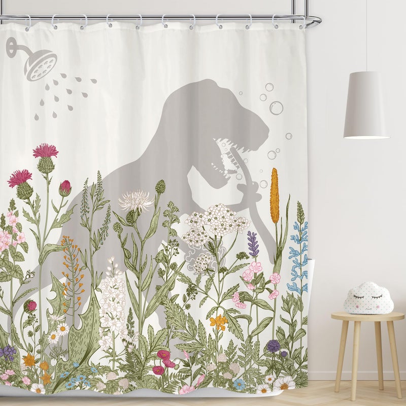 LGhtyro Dinosaur Wildflower Kids Shower Curtain Bathroom Set 60Wx71H Inches Funny Dino Silhouette Floral Rustic Plant Leaves Botanical Bath Accessories for Boys Art Home Decor Fabric 12 Pack Hooks - Image 1