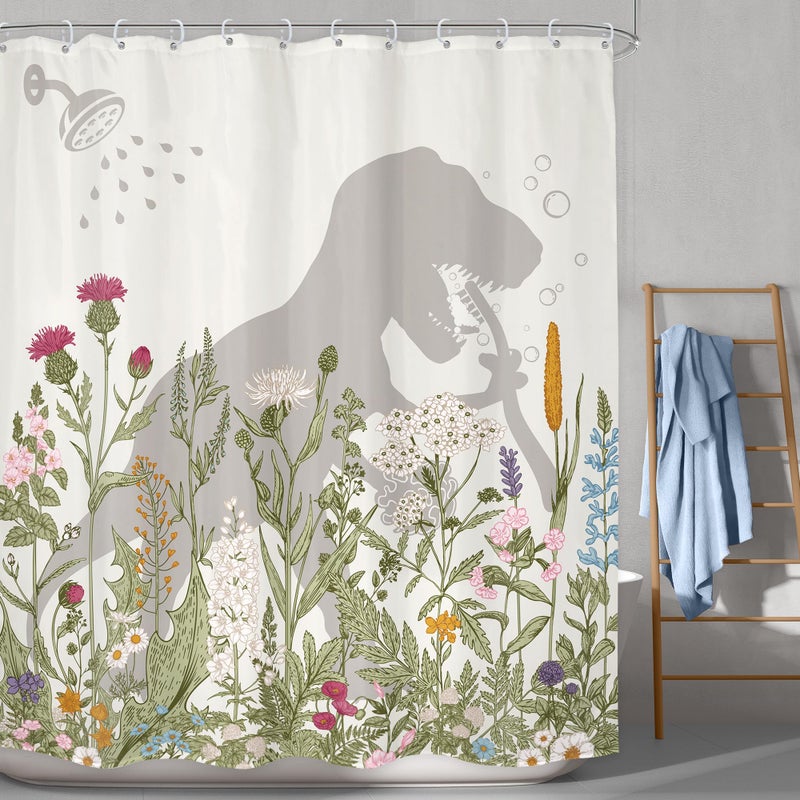 LGhtyro Dinosaur Wildflower Kids Shower Curtain Bathroom Set 60Wx71H Inches Funny Dino Silhouette Floral Rustic Plant Leaves Botanical Bath Accessories for Boys Art Home Decor Fabric 12 Pack Hooks - Image 2