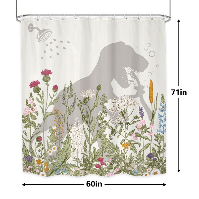 LGhtyro Dinosaur Wildflower Kids Shower Curtain Bathroom Set 60Wx71H Inches Funny Dino Silhouette Floral Rustic Plant Leaves Botanical Bath Accessories for Boys Art Home Decor Fabric 12 Pack Hooks - Image 5