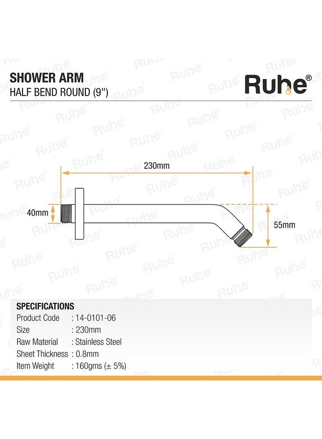 RUHE Ruhe® 9 Inches Round Shower Arm | Premium Grade Stainless Steel Shower Holder | Round Half Bend - Image 2