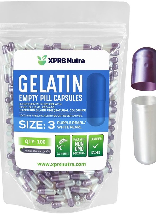 XPRS Nutra Size 3 Empty Capsules - 100 Count Empty Gelatin Capsules - Empty Pill Capsules - DIY Capsule Filling - Pure Bovine Pill Capsules Empty Gel Caps (Pearl Purple/White)  - Image 1