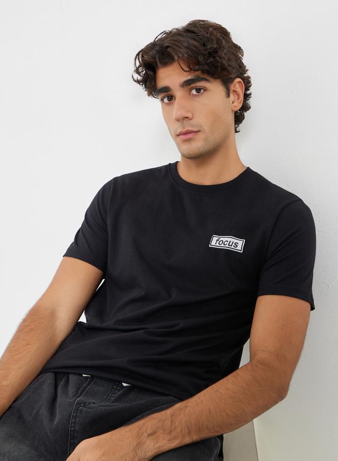 Styli Men Black Embroidered Regular Fit Jersey T-Shirt - Image 1
