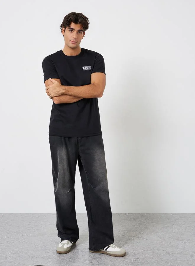Styli Men Black Embroidered Regular Fit Jersey T-Shirt