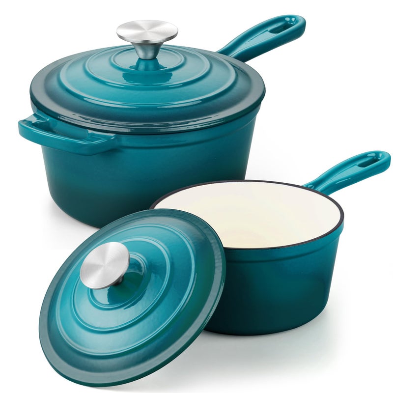 Leonyo 1 Qt & 2 Qt Sauce Pan Sets, Leonyo Enameled Cast Iron Sauce Pan with Lid, Small Saucepan Cast Iron Dutch Oven Kitchen Cookware for All Cooktops Cooking Pasta, Milk, Oatmeal - Up to 500Â°F, Lake Green - Image 1