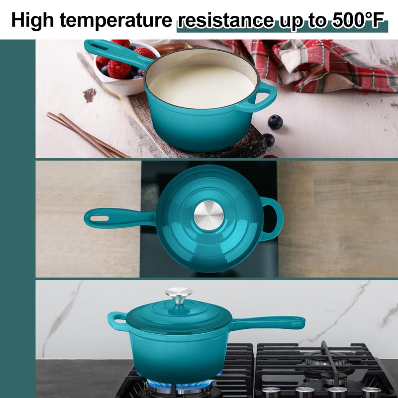 Leonyo 1 Qt & 2 Qt Sauce Pan Sets, Leonyo Enameled Cast Iron Sauce Pan with Lid, Small Saucepan Cast Iron Dutch Oven Kitchen Cookware for All Cooktops Cooking Pasta, Milk, Oatmeal - Up to 500Â°F, Lake Green - Image 4