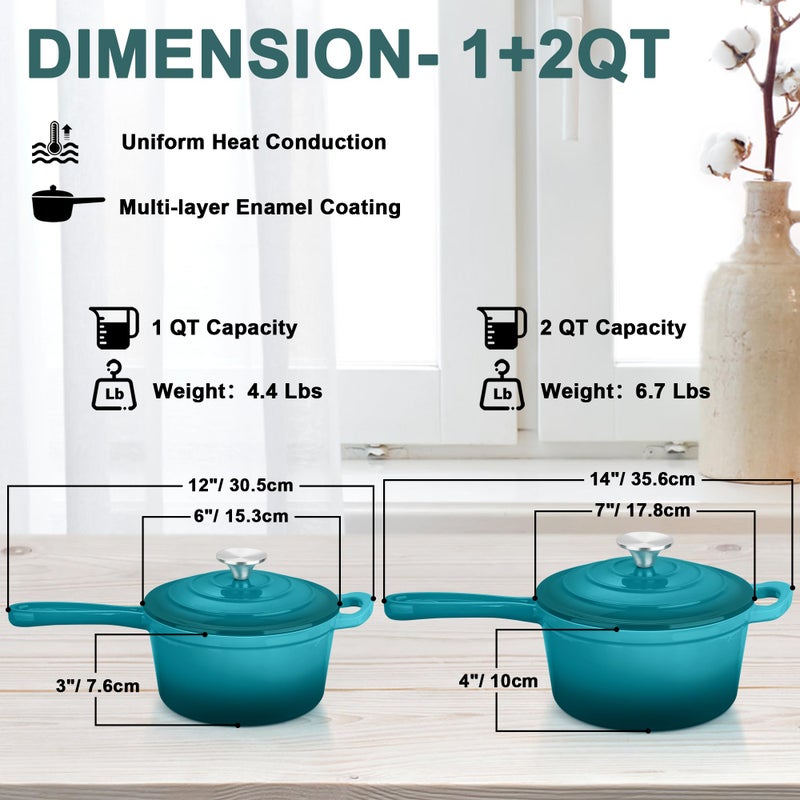 Leonyo 1 Qt & 2 Qt Sauce Pan Sets, Leonyo Enameled Cast Iron Sauce Pan with Lid, Small Saucepan Cast Iron Dutch Oven Kitchen Cookware for All Cooktops Cooking Pasta, Milk, Oatmeal - Up to 500Â°F, Lake Green - Image 2