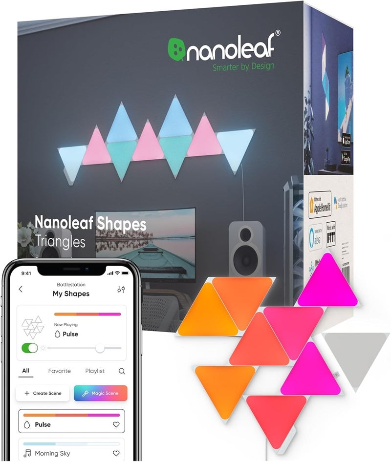 نانوليف Nanoleaf SHAPES Triangles مجموعة البداية - نظام لوحات LED ذكي مع واي فاي مع مرئي الموسيقى، ديكور جدران فوري، استخدام منزلي أو مكتبي، أكثر من 16 مليون لون، استهلاك منخفض للطاقة - أبيض - 9 عبوات - Image 1