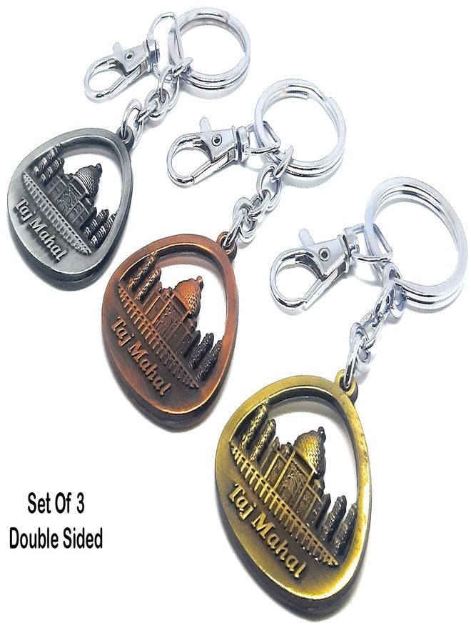 Aura Set Of 3 Double Sided Metal Souvenir Taj Mahal India Gift Metal Keychain For Men Women Husband Wife Girl Boy Friend Bike Car Home Keychain - Image 3