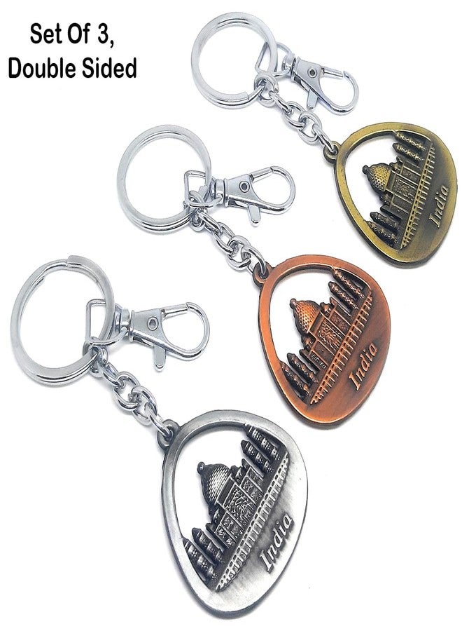 Aura Set Of 3 Double Sided Metal Souvenir Taj Mahal India Gift Metal Keychain For Men Women Husband Wife Girl Boy Friend Bike Car Home Keychain - Image 2