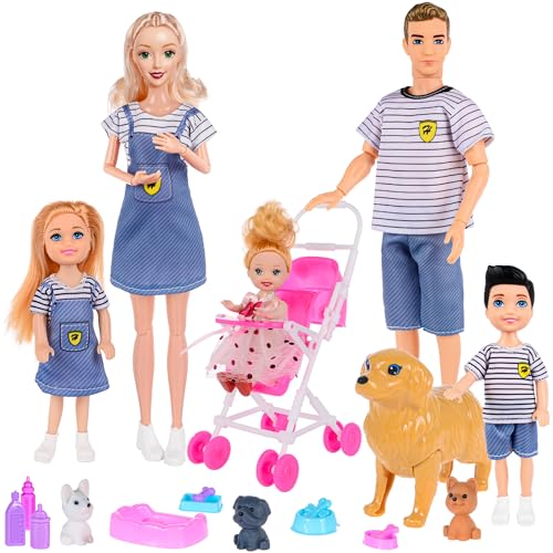 dollbie Dolls Family Playset with Baby Stroller Set 6 People Pets Accessories for 312 Years Old Toddler Gift with Pregnant Mom Dad 3 Kids Dogs and Interactive Play - Image 1