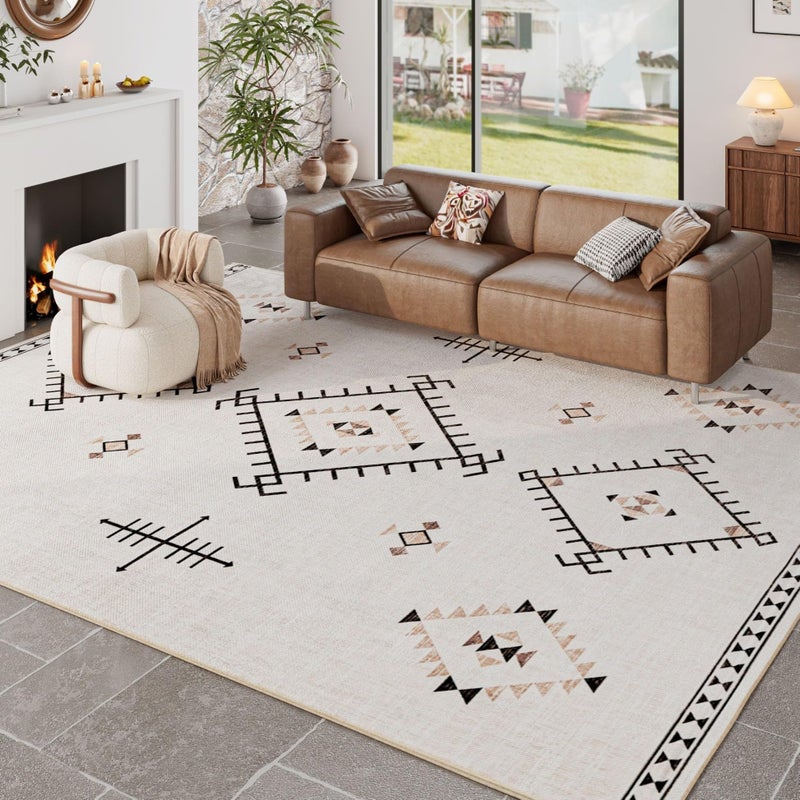 ILANGO Area Rug 8'x10' for Living Room Bedroom Machine Washable Moroccan Boho Rugs for High Traffic Area Non Slip & Non-Shedding Rugs Fade Resistant Carpet for Kitchen Office (Beige) - Image 1