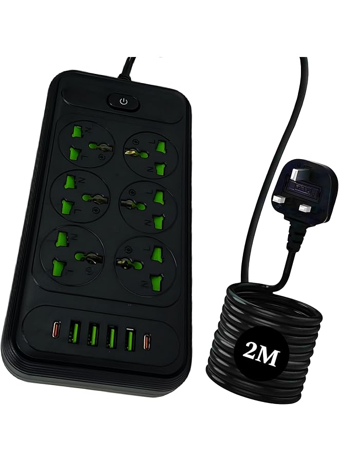 PROMASS Extension cord, 6 outlet extension, 2500w power extension with 4USB plug 2 type C PD adapter extension, UK plug extension strip with 2m socket board for Kitchen, Home, and Office Black/White - Image 1