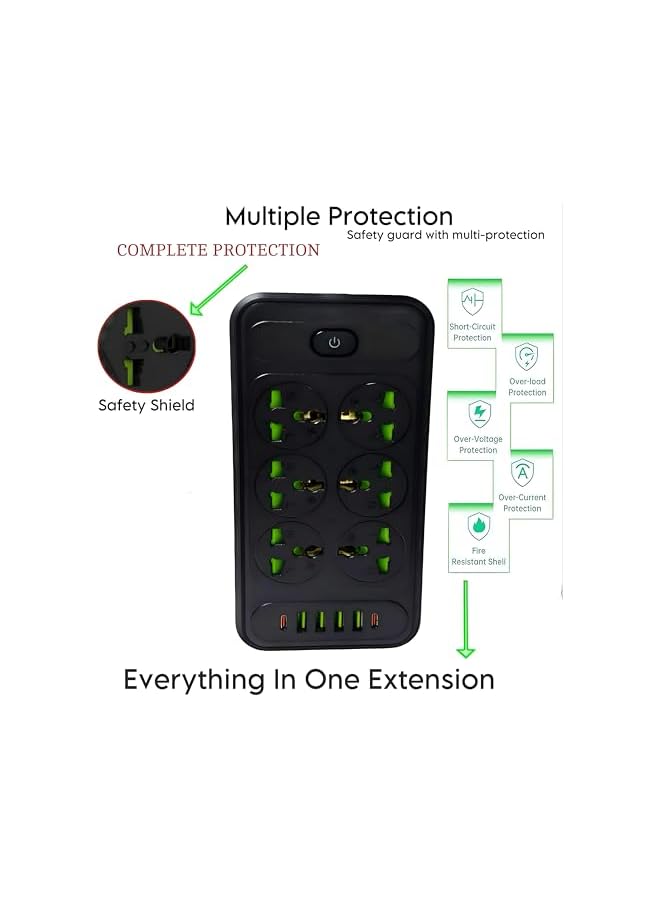 PROMASS Extension cord, 6 outlet extension, 2500w power extension with 4USB plug 2 type C PD adapter extension, UK plug extension strip with 2m socket board for Kitchen, Home, and Office Black/White - Image 4