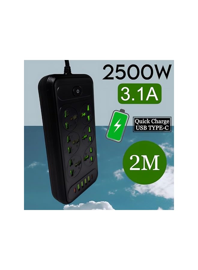 PROMASS Extension cord, 6 outlet extension, 2500w power extension with 4USB plug 2 type C PD adapter extension, UK plug extension strip with 2m socket board for Kitchen, Home, and Office Black/White - Image 2