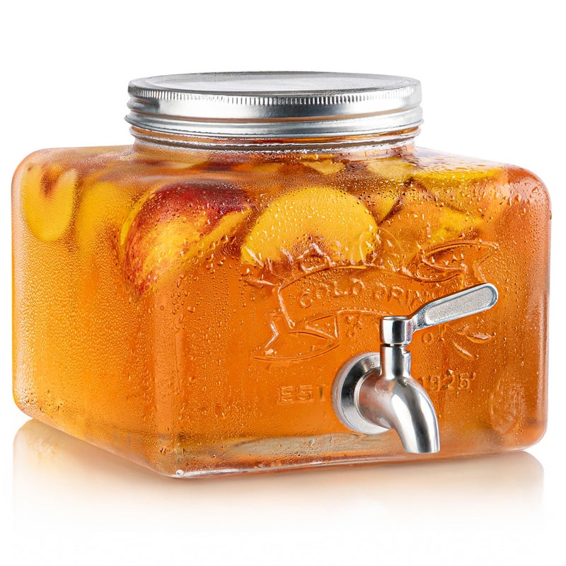 MosJos Glass Drink Dispenser for Fridge - Stainless Steel Spigot Mason Jar Dispenser with Wide Opening & Easy-Fill - Beverage Storage for Outdoor, Water, Iced Tea, Juice, Sangria & Detergent, 1 GALLON - Image 1