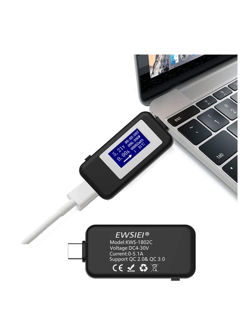Type-C USB Power Meter Testers, USB C Current and Voltage Bidirectional Tester, Ammeter 0-5A Voltmeter 4-30V, USB-C Charger Safety Tester, Digital Color LCD Display Multimeter, Amp Volt Detector