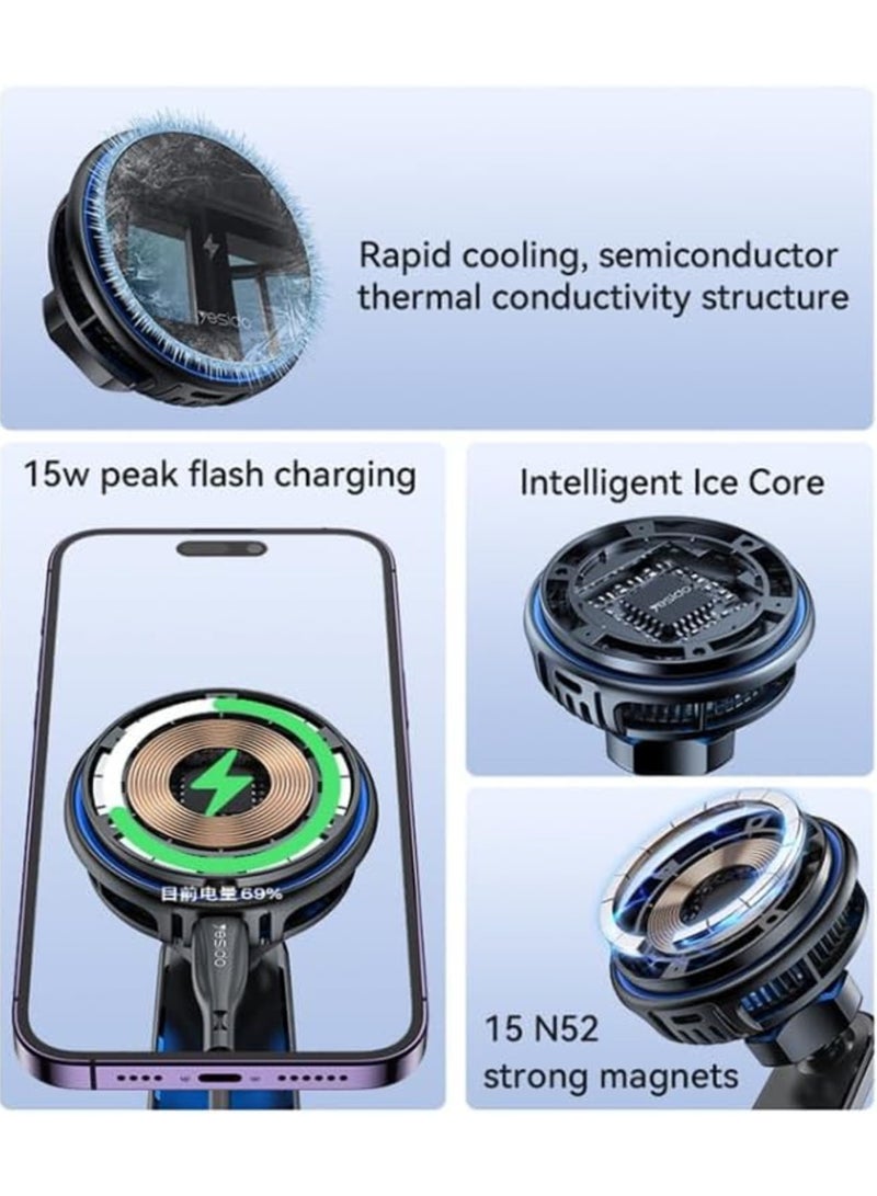 Semiconductor Cooling 15W Magnetic Wireless Charging Car Holder | Dual Ambient Lighting, Vacuum Nano Suction Cup, Flexible Aluminum Bracket (Black) - Image 2