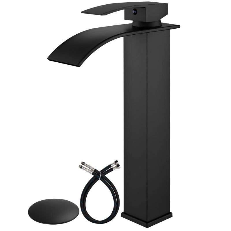 Airuida Vessel Sink Faucet  Matte Black Waterfall Spout Bathroom Faucet  Tall Single Handle One Hole Bowl Mixer Tap  Waterfall Spout Lavatory Vanity With Pop Up Drain - Image 1
