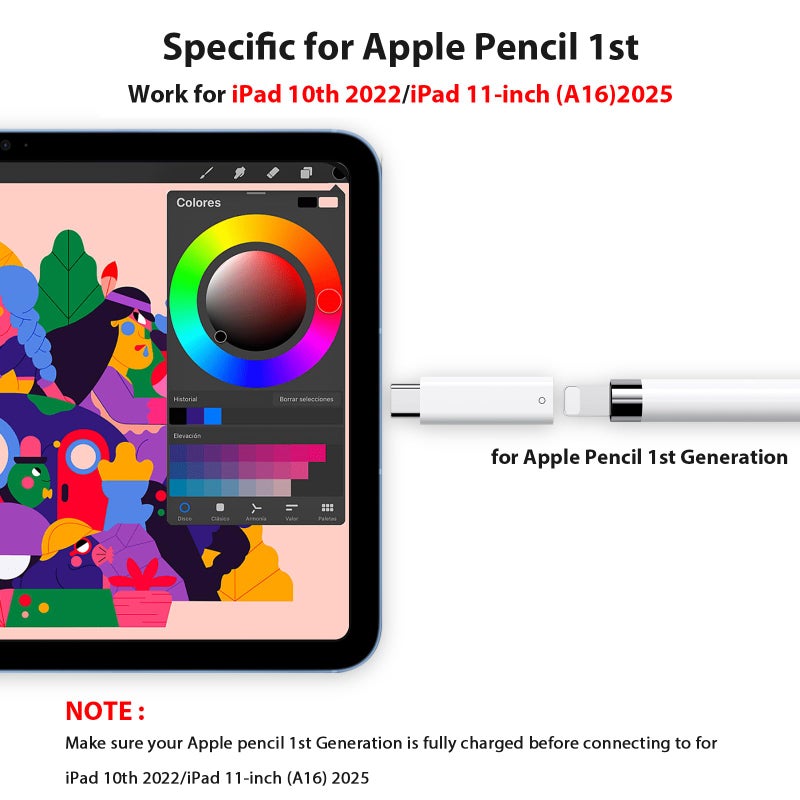 ASKUBSKU محول قلم USB C لجهاز Apple Pencil الجيل الأول متوافق مع iPad الجيل 11 و 10 فقط، محول شاحن قلم USB-C إلى Lightning، موصل Dongle iPencil ذكر Type-C لجهاز iPad A16 مع قلم 1 - Image 4