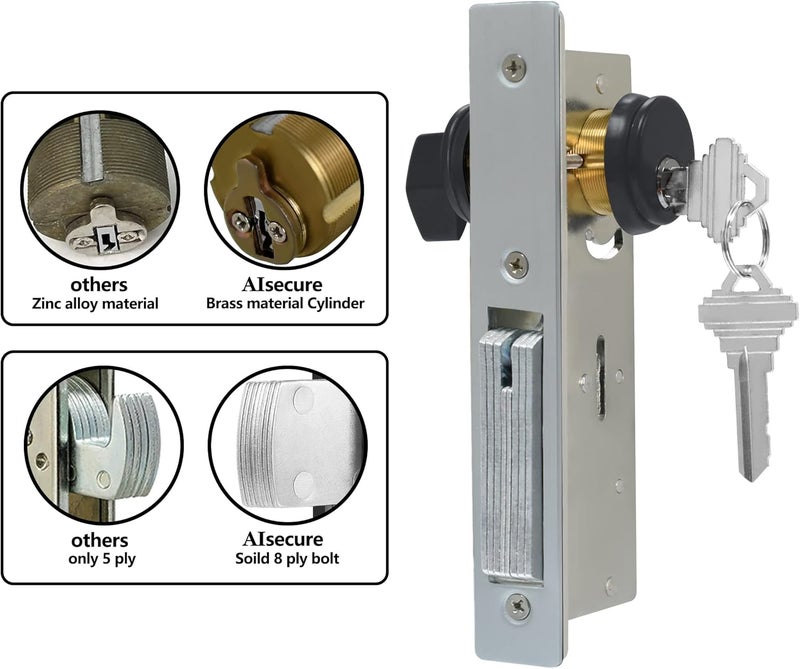 AIsecure Storefront Door Lock Alsecure Commerical Mortise Lock Swing Deadbolt & Solid Brass Cylinder Combo with Key Thumbturn Keyed Alike for Aluminum/Zinc Alloy Shop Doors 31/32 inch Backset Black - Image 4