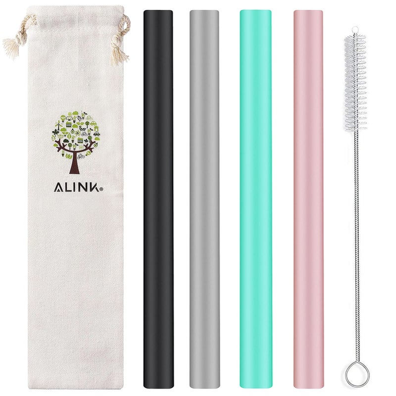 ALINK مصاصات بوبا سيليكون قابلة لإعادة الاستخدام من ALINK، مصاصات شاي فقاعة كبيرة جدًا لمضغ لؤلؤ التابيوكا، عبوة من 4 مع فرشاة تنظيف وحافظة - 10 بوصة × 14 مم - أسود، رمادي، أخضر، وردي - Image 1