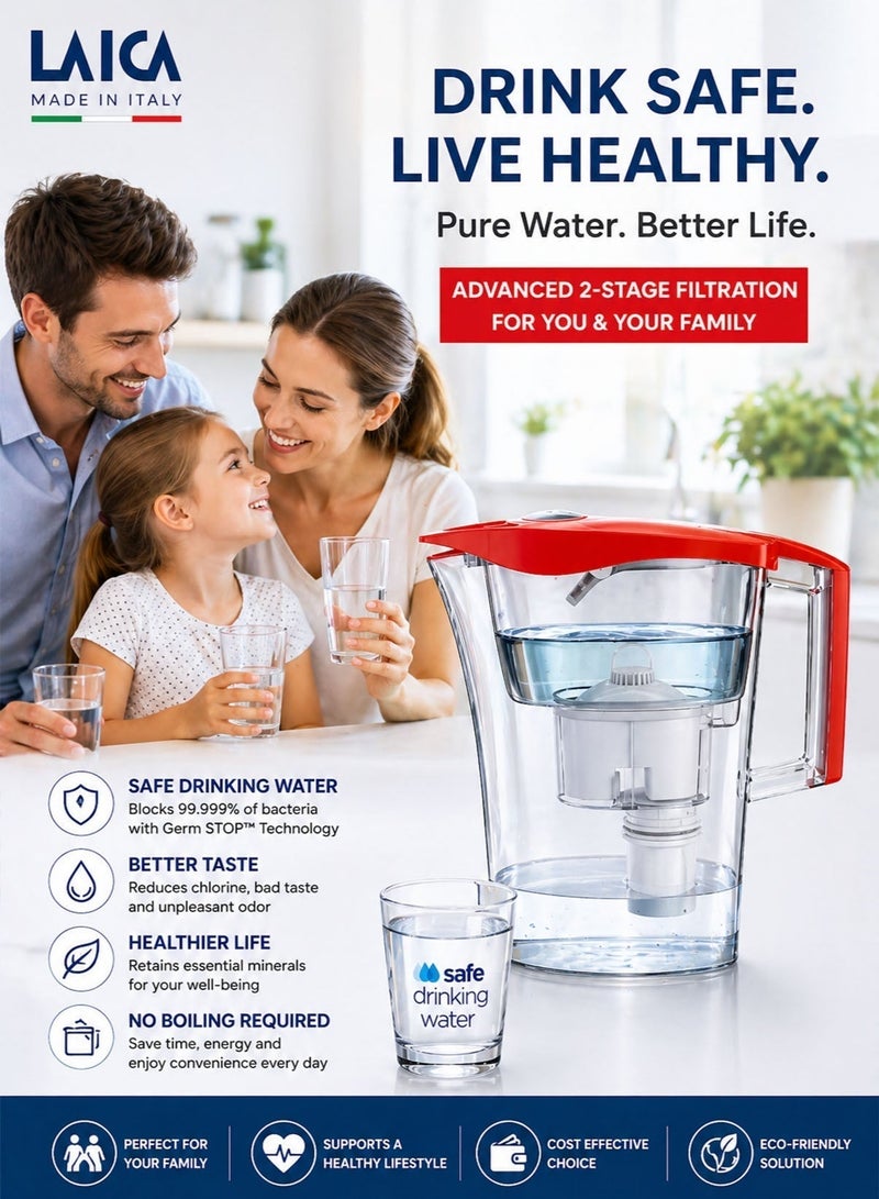 LAICA Water Filter Jug 2.3L Bi Flux and Germ STOP Technology Water Purifier Pitcher 99.999 Percent Bacteria Reduction Chlorine Heavy Metal Removal BPA Free Safe Drinking Water Made in Italy Kitchen Water Filtration System - Image 4