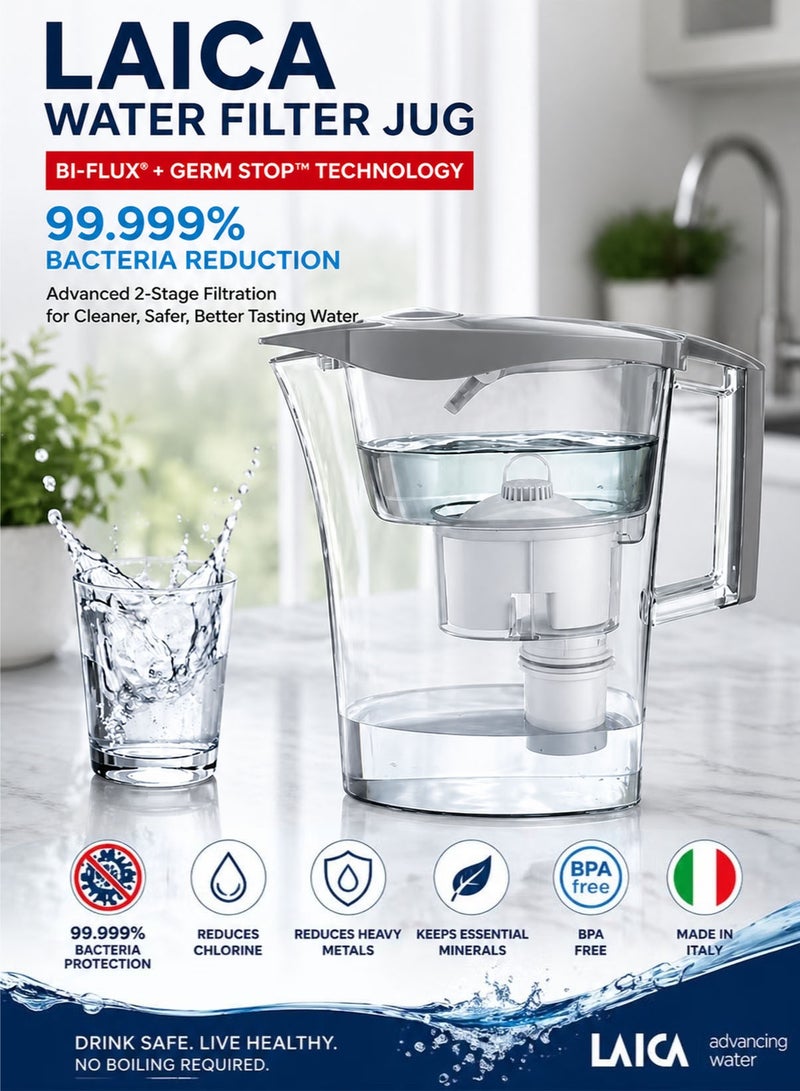 LAICA Water Filter Jug 2.3L Bi Flux and Germ STOP Technology Water Purifier Pitcher 99.999 Percent Bacteria Reduction Chlorine Heavy Metal Removal BPA Free Safe Drinking Water Made in Italy Kitchen Water Filtration System - Image 1