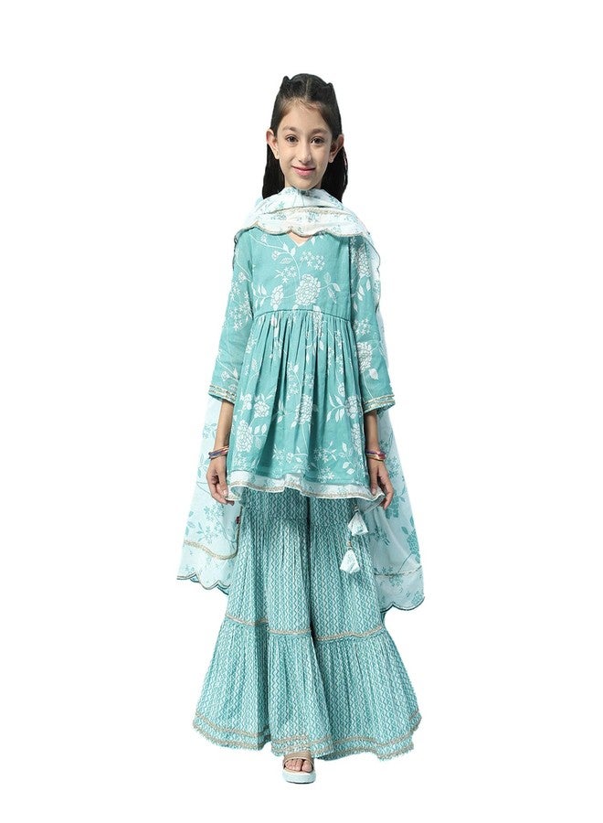 BIBA Girl's Cotton Printed Relaxed Salwar Suit Set (Kw5165_Sea Green_9) - Image 1