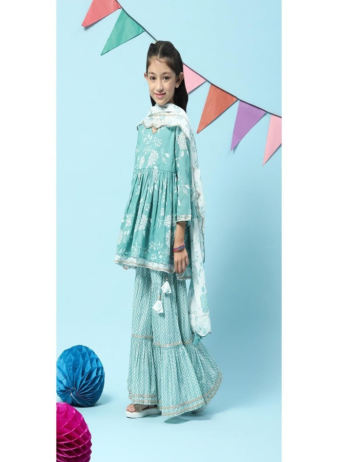 BIBA Girl's Cotton Printed Relaxed Salwar Suit Set (Kw5165_Sea Green_9) - Image 3