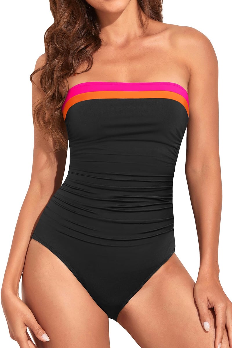Holipick Women Black Pink Color Block One Piece Swimsuits Tummy Control Bathing Suits Halter Strapless Bandeau Swimwear L - Image 3