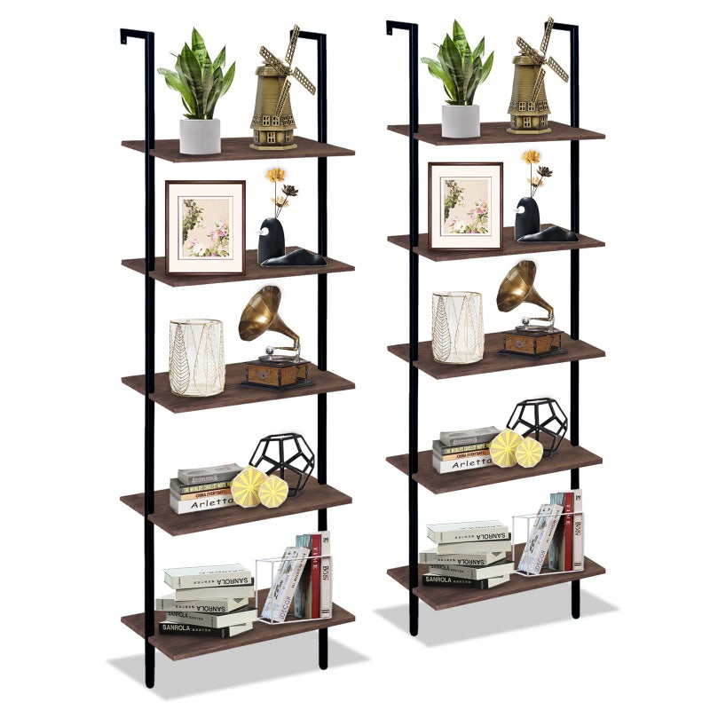 Wolawu Wolawu 5 Tiers Ladder Shelf 2Piece Black Modern Tall Bookshelf Open Large Tall Wall Mount Storage Bookcase Standing Leaning Wall Shelves Industrial Decorative Brown 