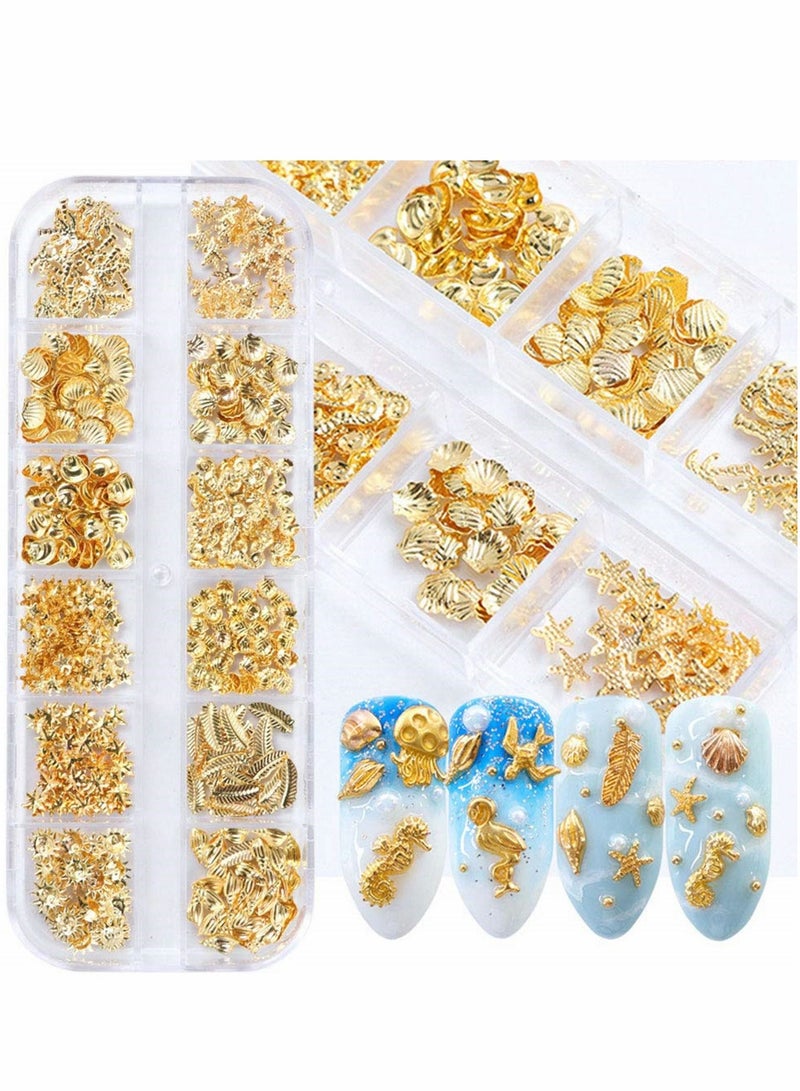 Excefore Holographic Nail Art Sequins Glitter, Decals Supplies 3D Gold Decorations Mixed-Shape Metal Frame Shell Leaf Rivet Studs on Nails DIY Charm Jewelry Accessories 1Box - Image 1