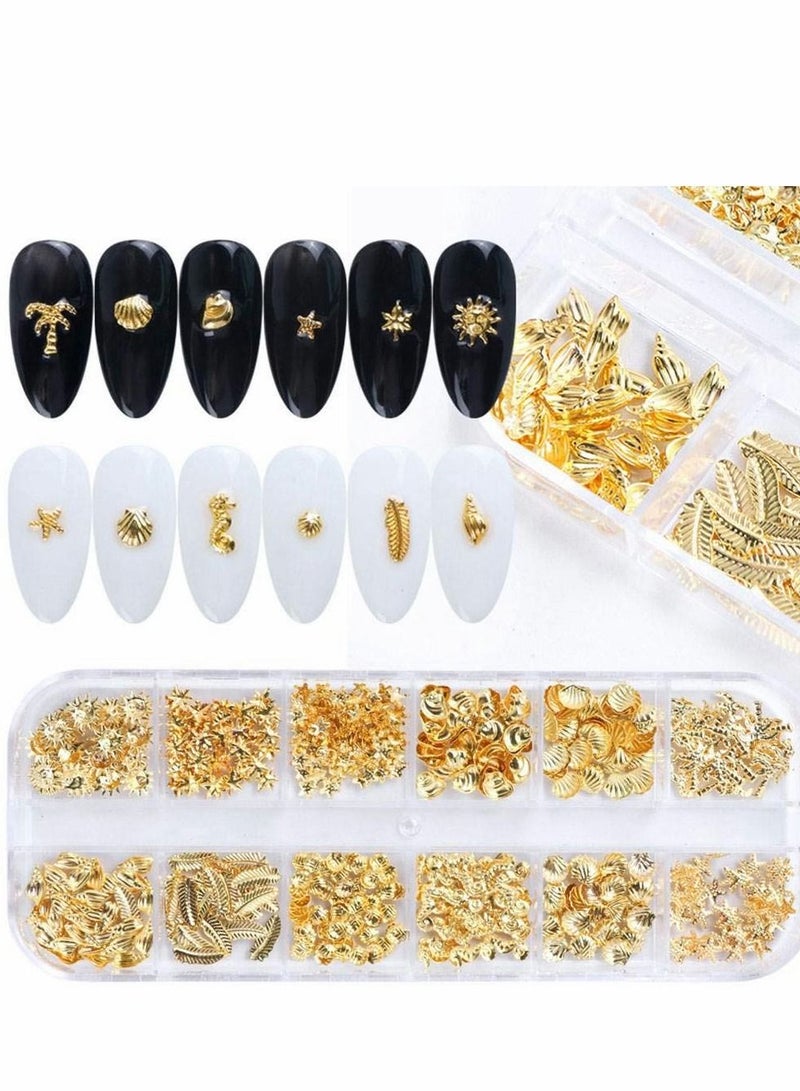 Excefore Holographic Nail Art Sequins Glitter, Decals Supplies 3D Gold Decorations Mixed-Shape Metal Frame Shell Leaf Rivet Studs on Nails DIY Charm Jewelry Accessories 1Box - Image 3