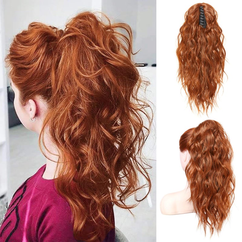 Flufymooz Ponytail Extension - 18 Inch Wavy Curly Claw Clip in Ponytail Hair Extensions, Natural Fake Synthetic Hairpiece for Women (Deep Cooper Red) - Image 1
