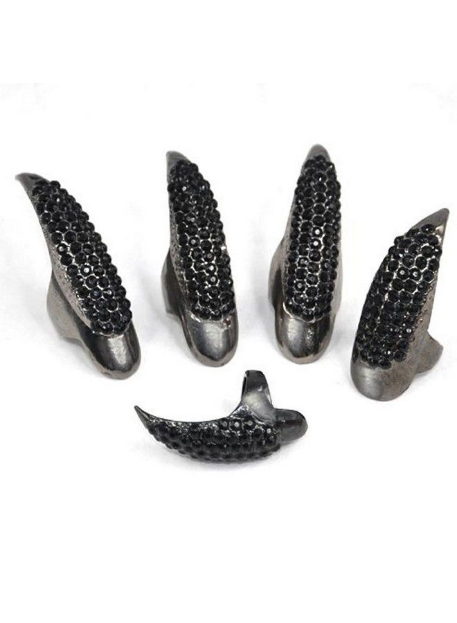 Elandy خاتم إصبع مخلب زائف بأسلوب بانك مع كريستالات شفافة مجموعة من 5 قطع (أسود) - Image 4