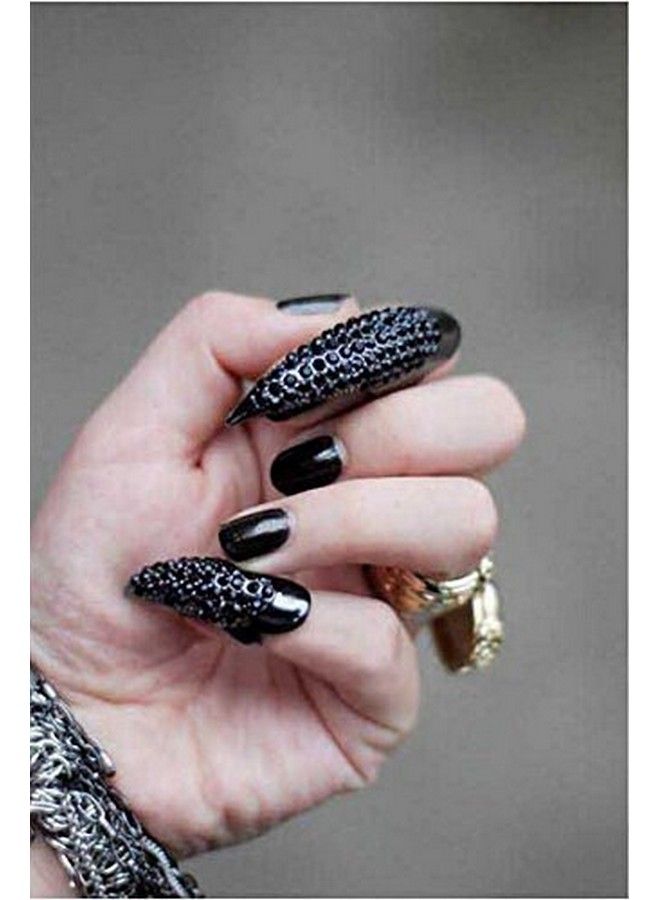 Elandy خاتم إصبع مخلب زائف بأسلوب بانك مع كريستالات شفافة مجموعة من 5 قطع (أسود) - Image 3