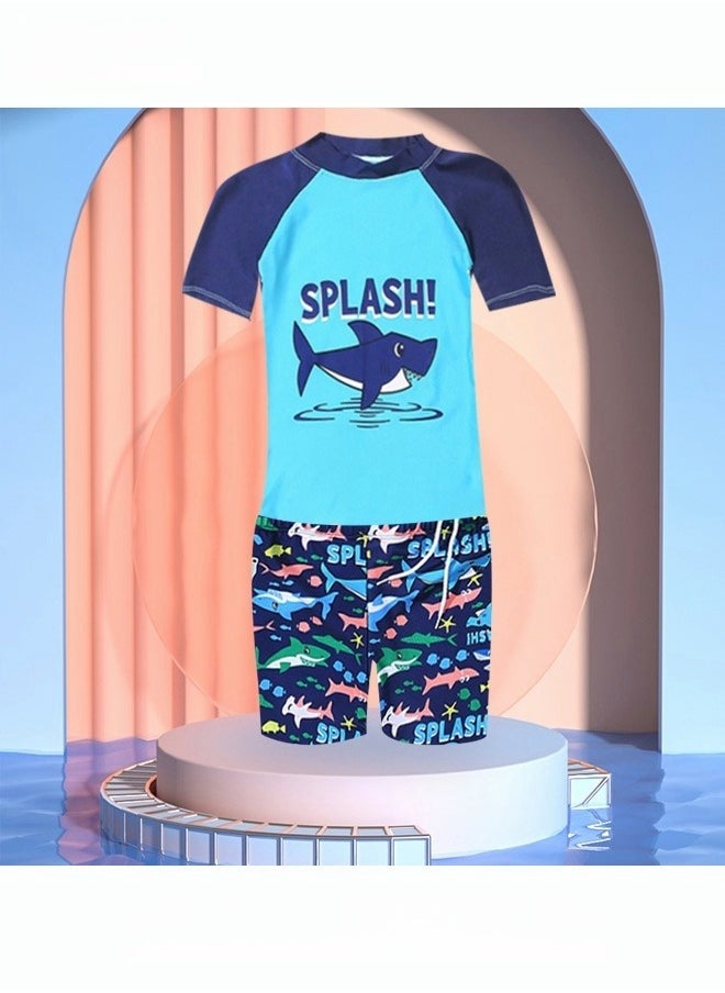 Generic 3 Piece Kids Swimsuit with Cap Set Toddler Boys Letter Shark Print Swimwear Children Swimming Trunks Short Sleeves Clothing Beachwear Bathing Suit for Summer Blue/Multicolor  - Image 2