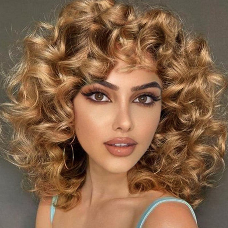 AIDUSA Afro Curly Wigs with Bangs Big Blonde Wigs for Black Women Light Brown Short Wigs for Women Synthetic Hair Natural Looking (#30 Honey Blonde) - Image 1