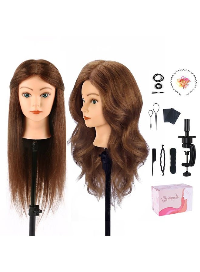 TopDirect Mannequin Head with 100% Human Hair,18'' Real Hair Cosmetology Mannequin Manikin Head Hair Styling Hairdressing Practice Training Doll Head with Clamp Holder and Tools (Dark Brown Blue Eyes) - Image 1
