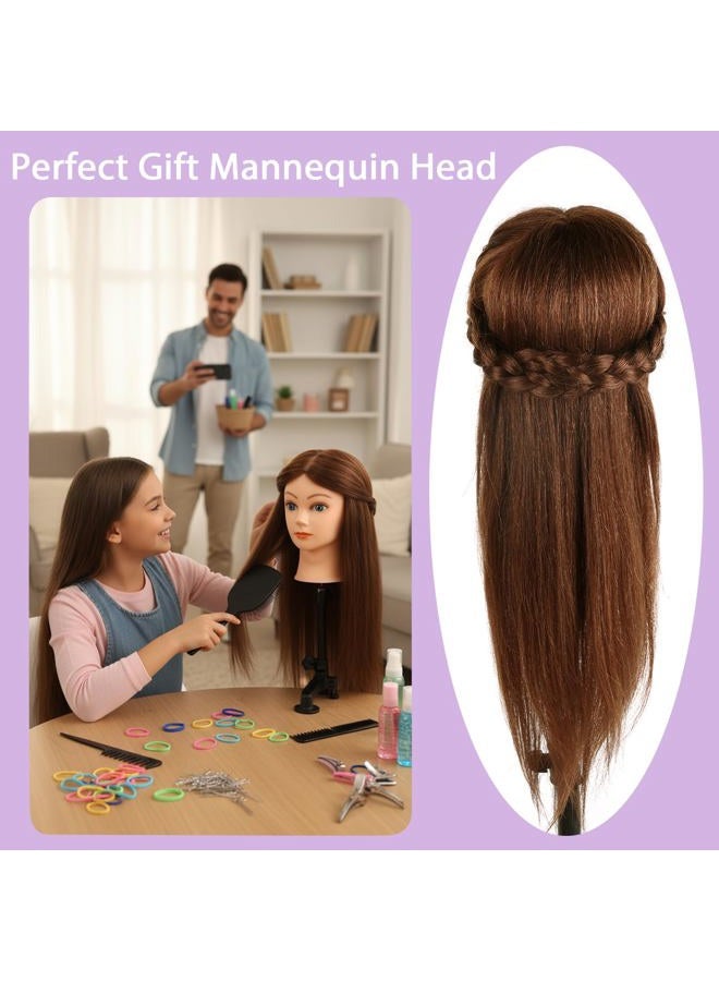 TopDirect Mannequin Head with 100% Human Hair,18'' Real Hair Cosmetology Mannequin Manikin Head Hair Styling Hairdressing Practice Training Doll Head with Clamp Holder and Tools (Dark Brown Blue Eyes) - Image 3