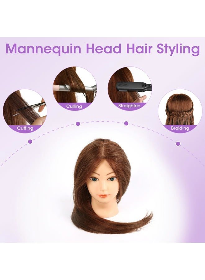 TopDirect Mannequin Head with 100% Human Hair,18'' Real Hair Cosmetology Mannequin Manikin Head Hair Styling Hairdressing Practice Training Doll Head with Clamp Holder and Tools (Dark Brown Blue Eyes) - Image 4
