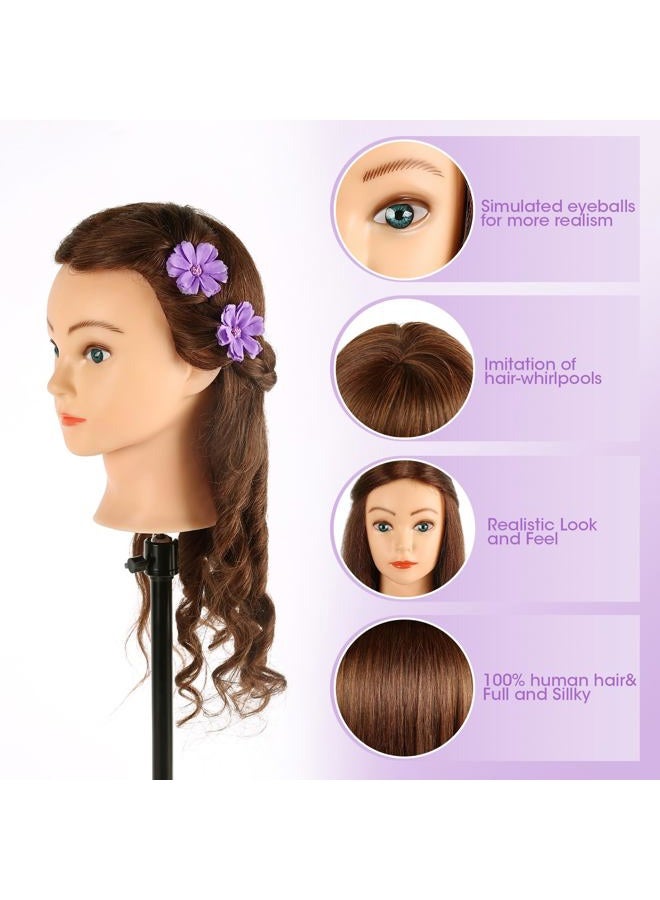 TopDirect Mannequin Head with 100% Human Hair,18'' Real Hair Cosmetology Mannequin Manikin Head Hair Styling Hairdressing Practice Training Doll Head with Clamp Holder and Tools (Dark Brown Blue Eyes) - Image 5