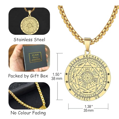 FLYUN Seal of The 7 Archangels Pendant Necklace for Men,Seven Archangels Protection Necklace for Men, Mens Spiritual Talisman Amulet Jewelry (A5-SILVER&GOLD) - Image 4