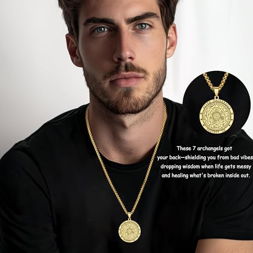 FLYUN Seal of The 7 Archangels Pendant Necklace for Men,Seven Archangels Protection Necklace for Men, Mens Spiritual Talisman Amulet Jewelry (A5-SILVER&GOLD) - Image 3