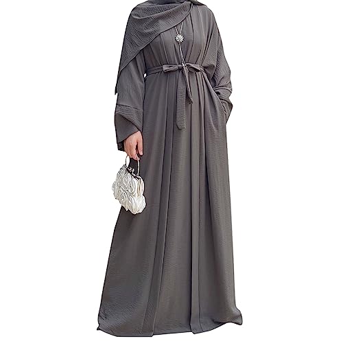 khalat 2PCS Women's Muslim Dresses Abaya Islamic Dubai Prayer Dress Robe Long Cardigan Maxi Dress Grey - Image 1