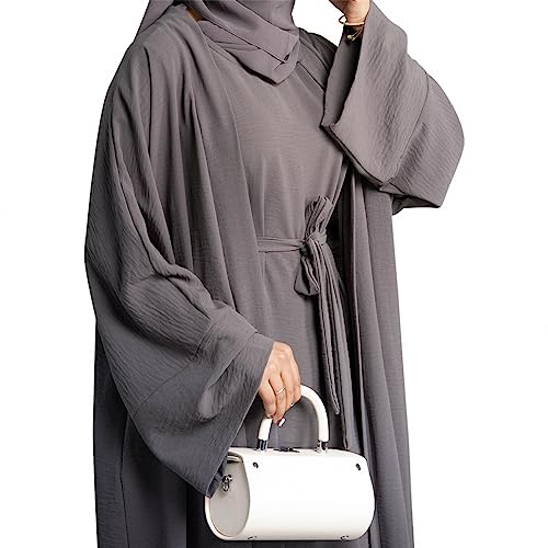 khalat 2PCS Women's Muslim Dresses Abaya Islamic Dubai Prayer Dress Robe Long Cardigan Maxi Dress Grey - Image 4