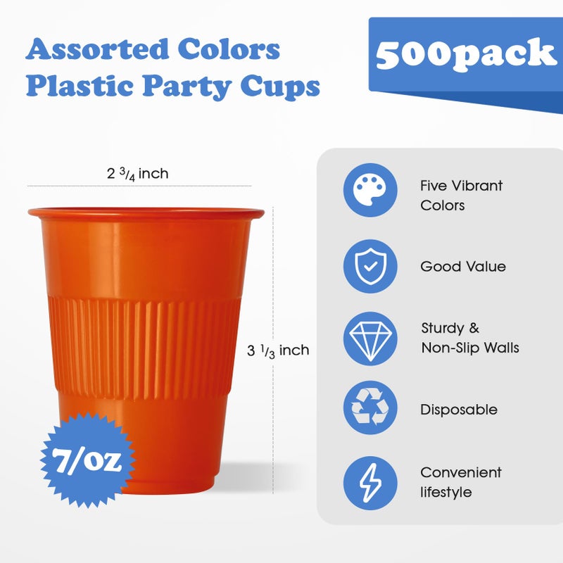 Lilymicky 500 Pack 7 oz Plastic Cups  Disposable Party Drinking Cups in Assorted Colors  5 Colors  Perfect for Picnics  Celebrations and Christmas Day - Image 3