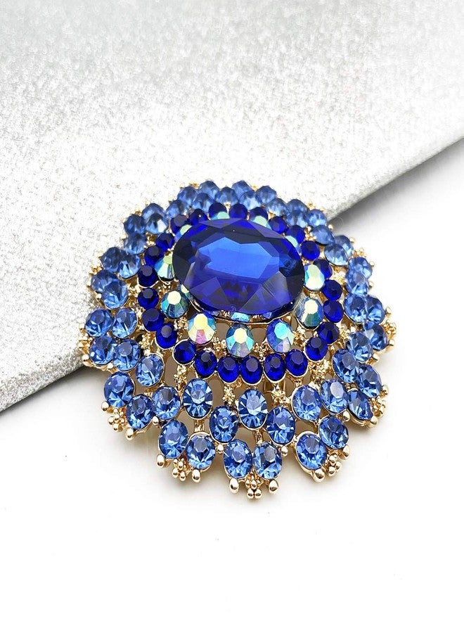 YOQUCOL Vintage Blue Cubic Zirconia Crystal Rhinestone Sunflower-shaped Wreath Brooch Pin for Women Golden Tone - Image 3